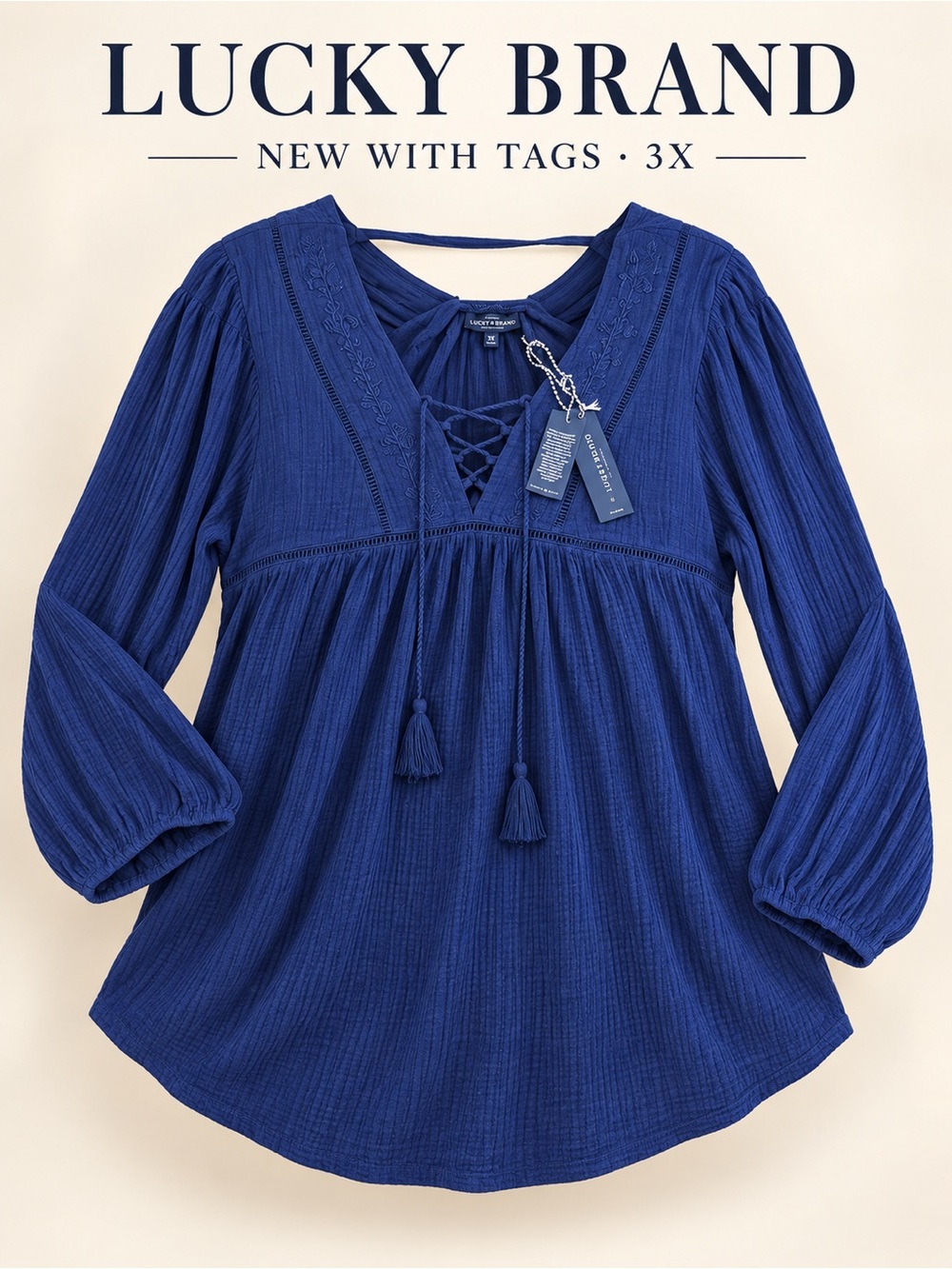 NWT Lucky Brand Navy Blue Lace Up Tassel Boho Peasant Blouse Top Plus Size 3X